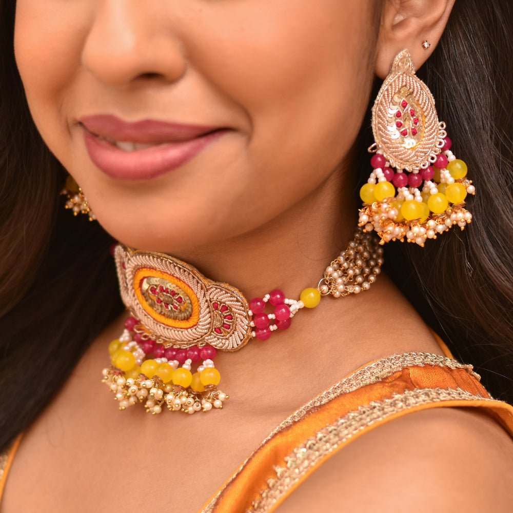 Bridal earrings and chocker with bead hanging and ethnic designs