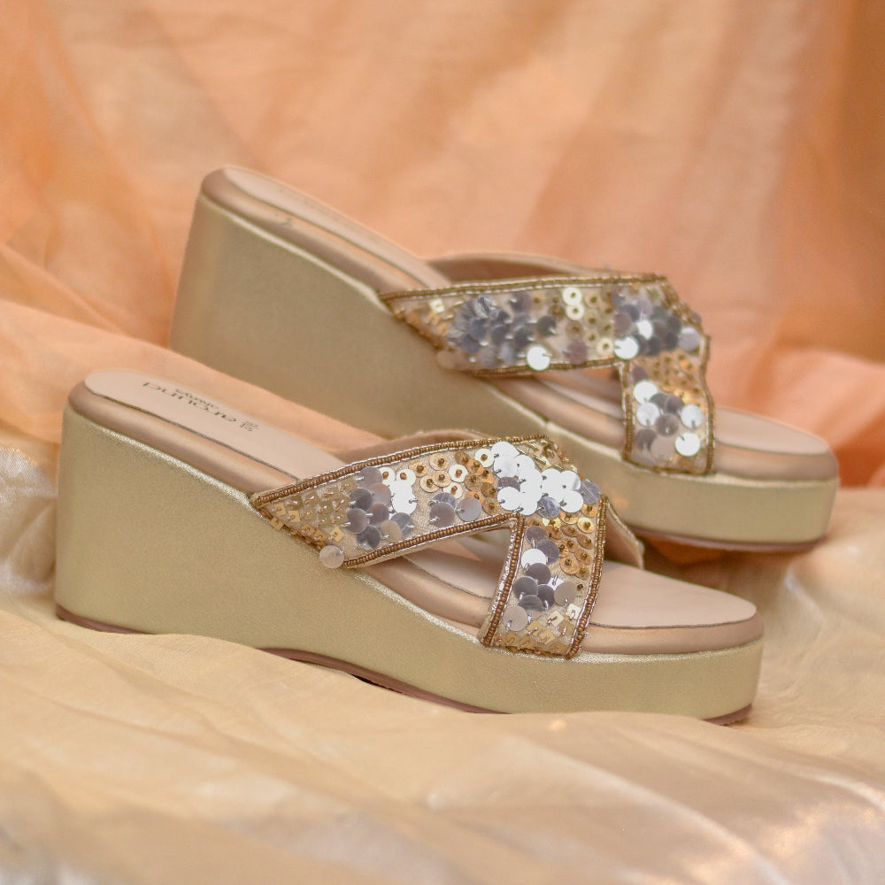 Designer ivory platform wedge sandals for weddings and celebrations.
