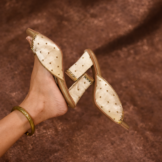 Wedding occasion golden slip-on heels with minimal embroidery