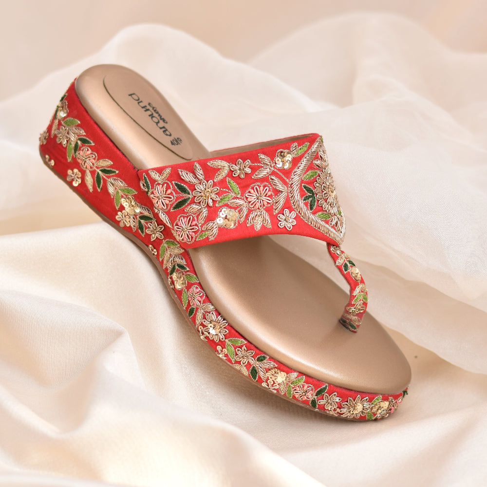 Red kolhapuri heels with floral embroidery with threads, zardozi and sequins