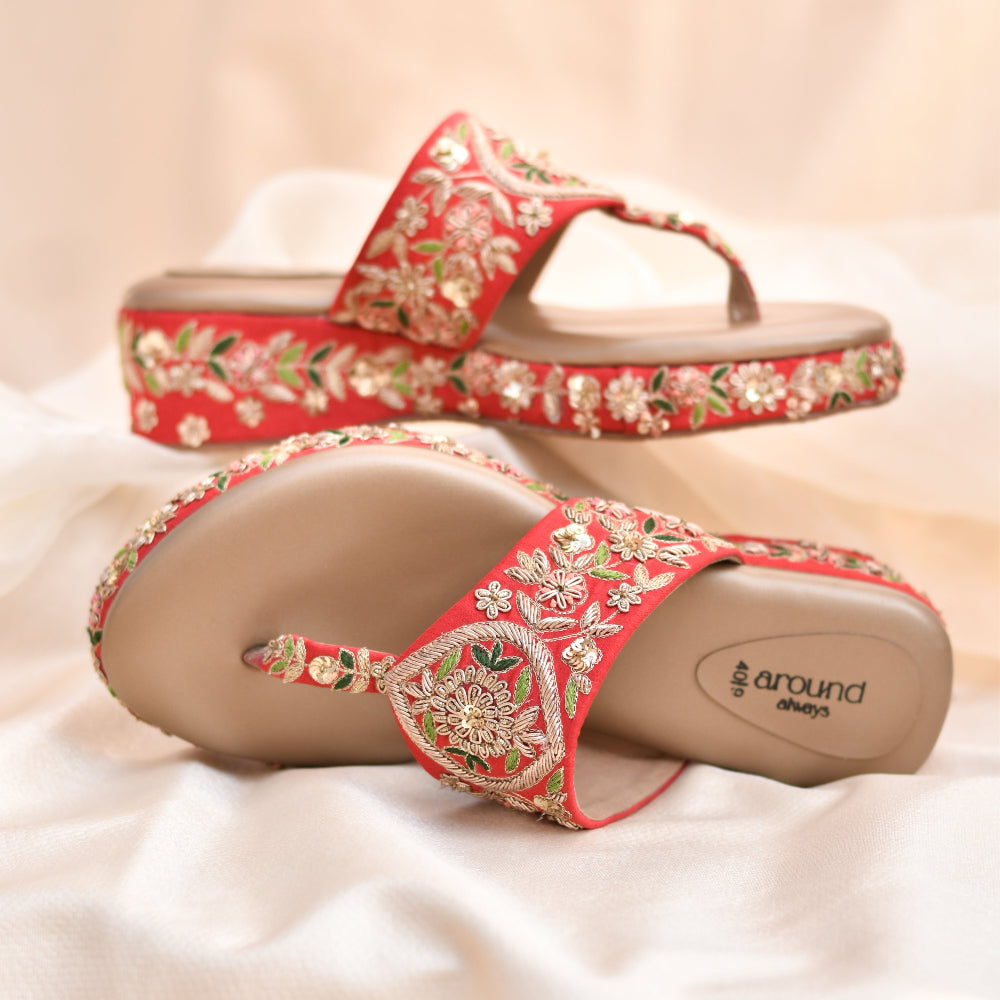 Zardozi embellished wedges for red bridal outfit with an open toe kolhapuri strap