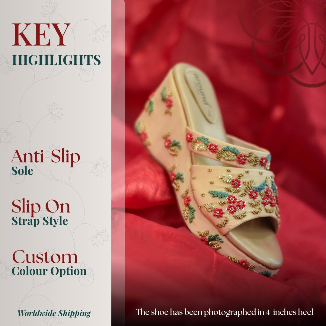 Traditional inspired wedge sandals with soft base, detailed embroidery, and easy wear design