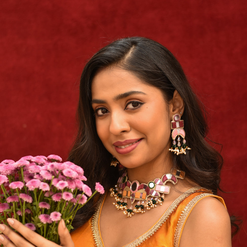 Mirror work haldi and wedding accessory set in pastel shades and mirror work