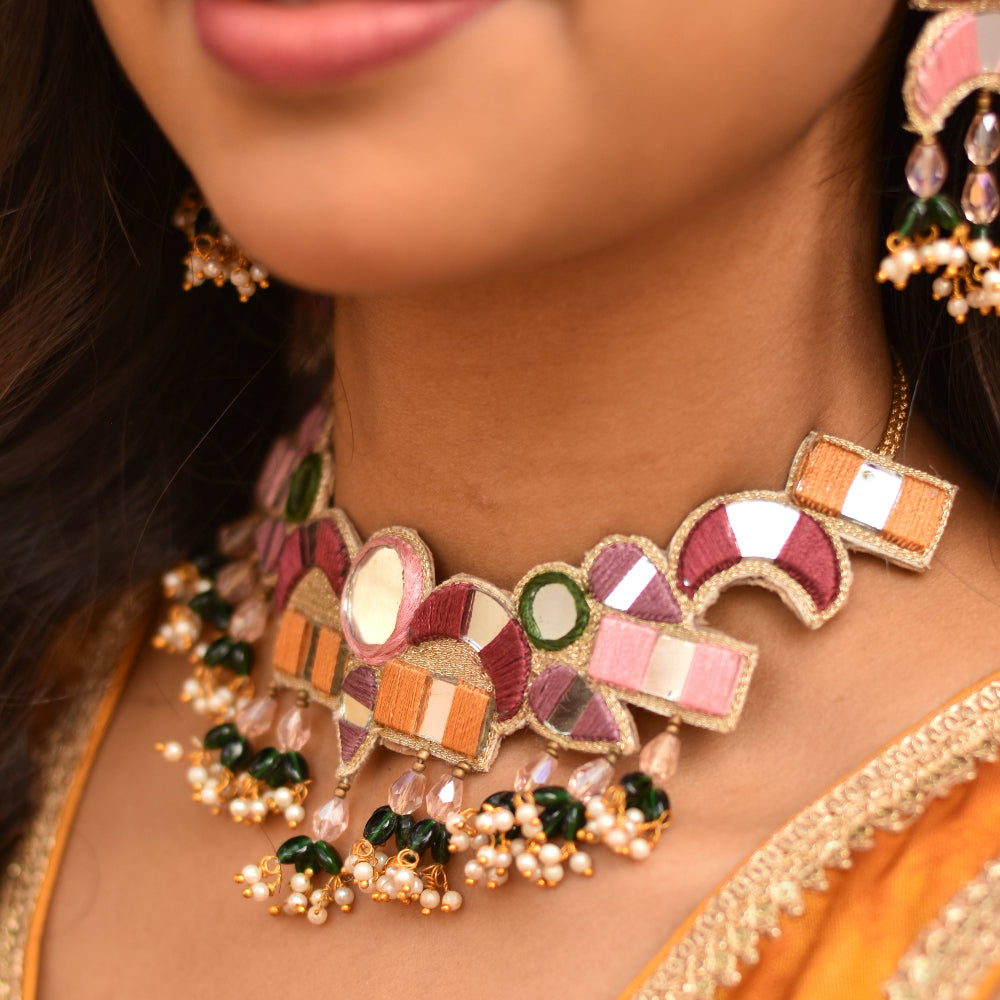 Multicolour thread work neckpiece with bead danglers 