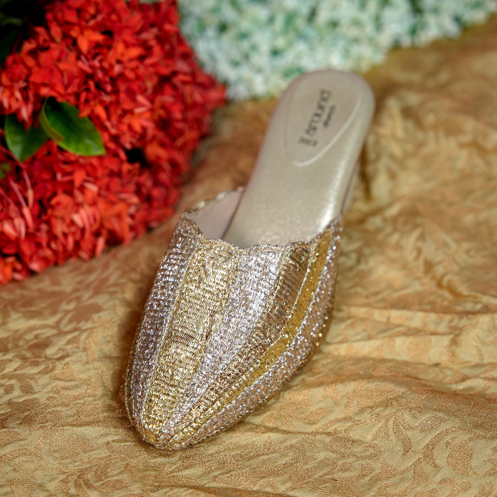 Champagne mule with gold and silver metallic textile stripes
