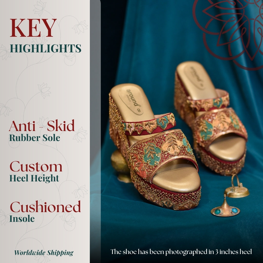 Bridal Dual strap embroidered platform heels with traditional motifs