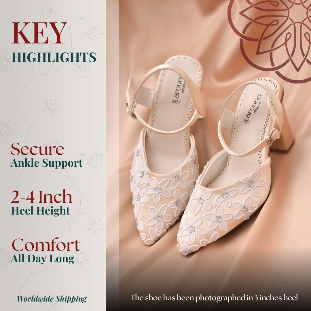 White floral shoes with ankle support  heel height