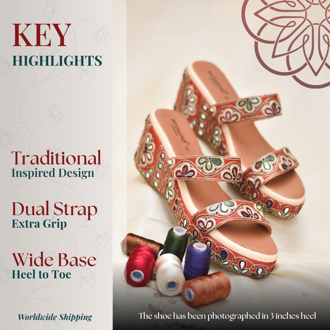 Decorative wedges sandals with Dual strap embroidered traditional floral motifs