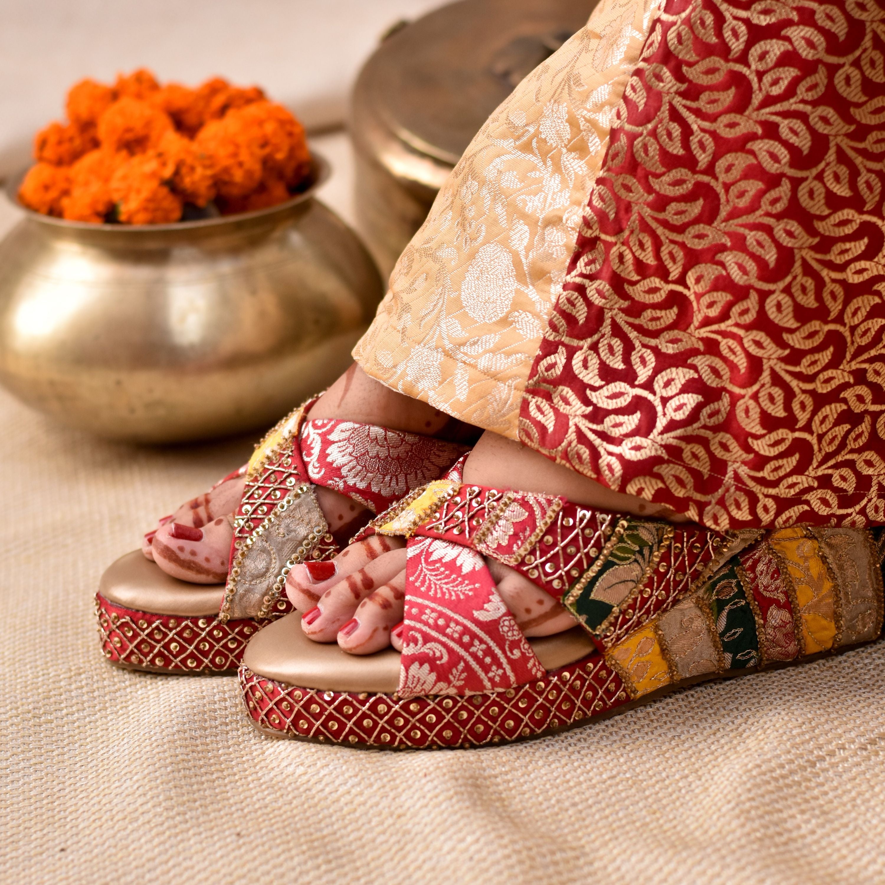 Women’s ethnic wedges with embroidered straps and matching patterned heel