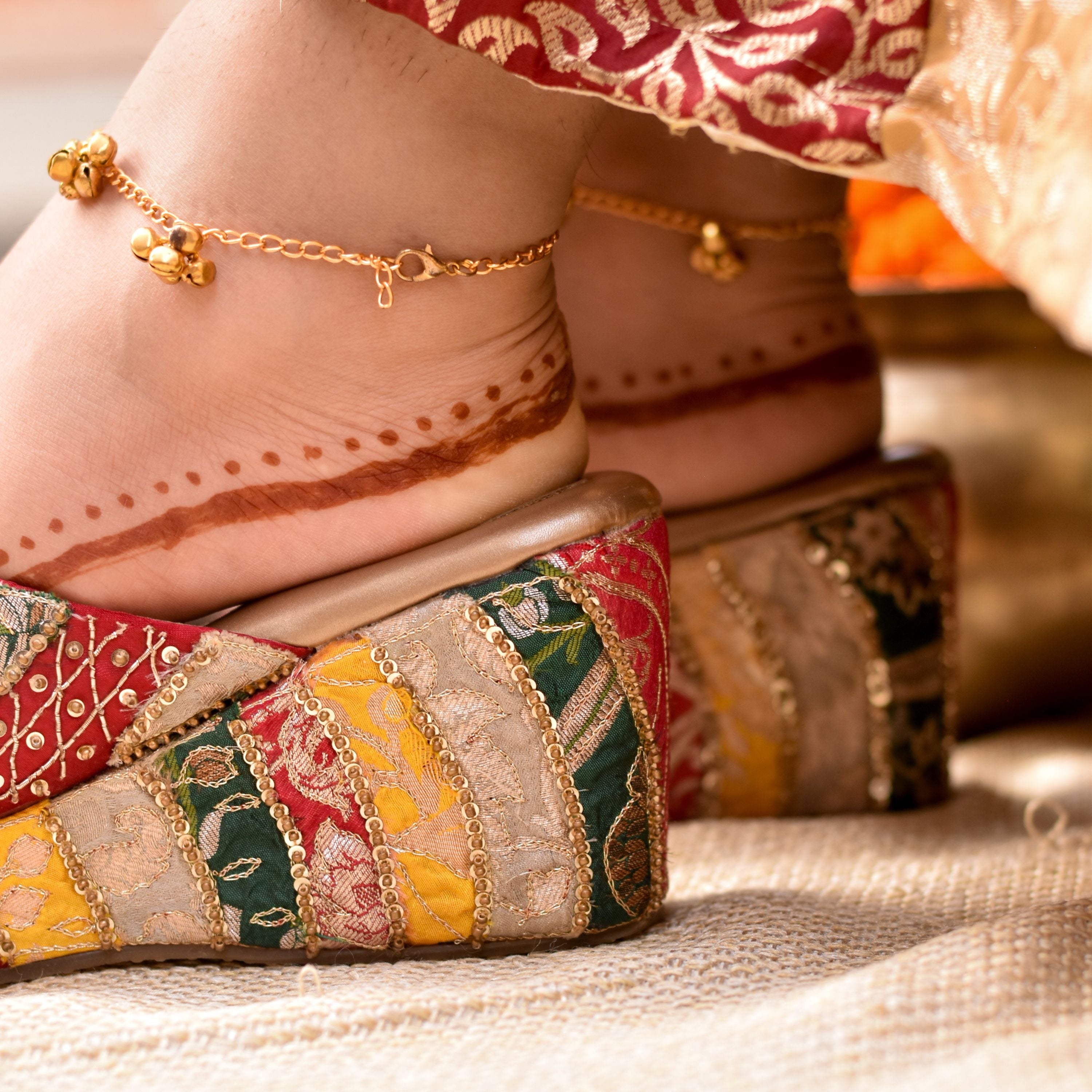 Red brocade wedge sandals for women with multicolour detailing for weddings