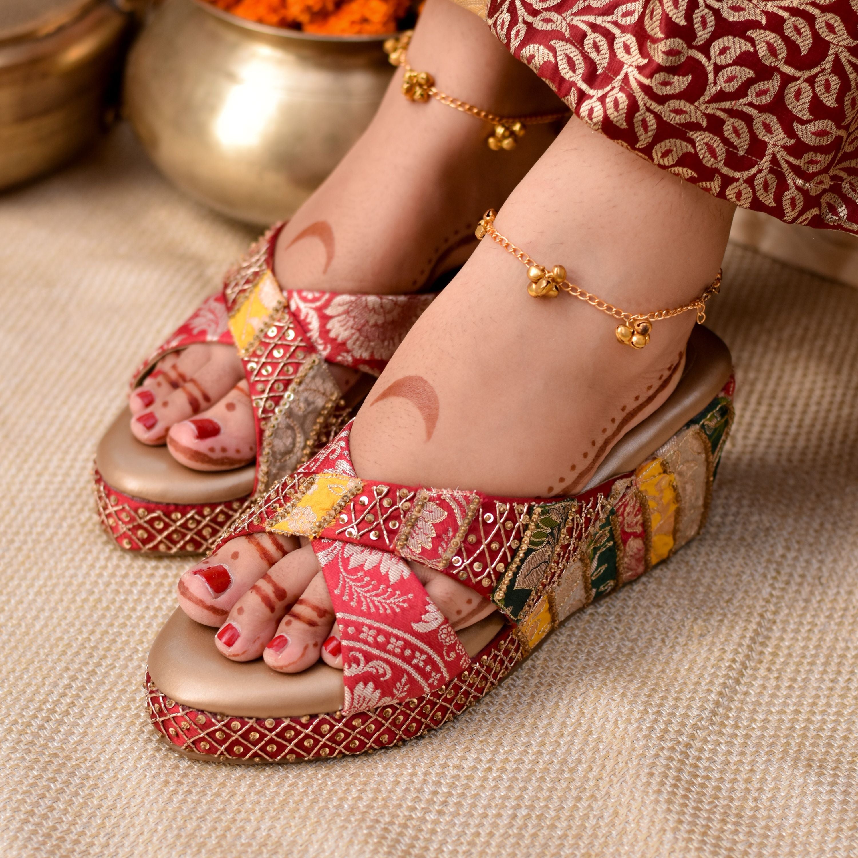 Brocade wedge heels with multicolour cross overlap straps for festive wear