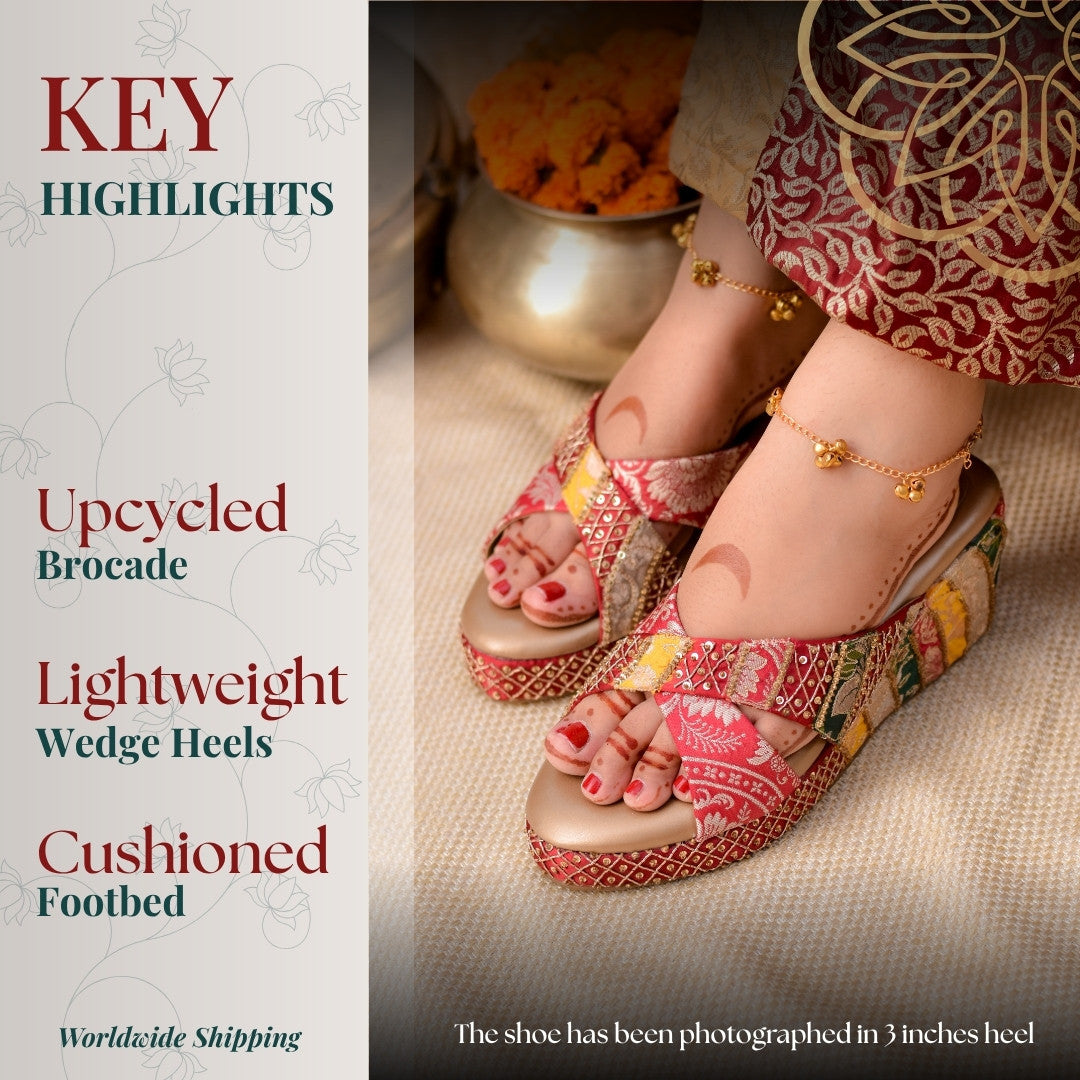 Multicolour recycled brocade platform heels for Indian ethnic wear with comfortable cushioned soles