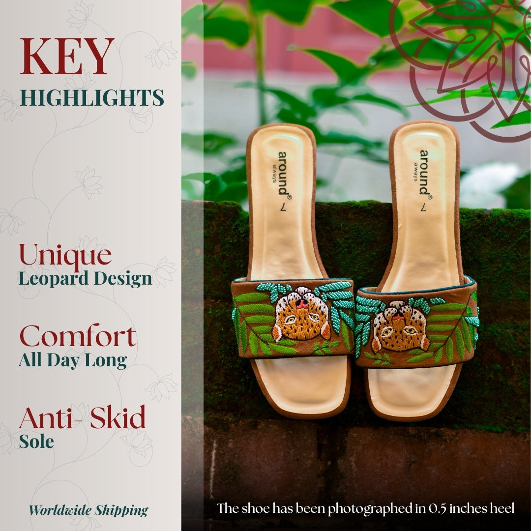 Unique handcrafted footwear with tiger artwork and earthy tones