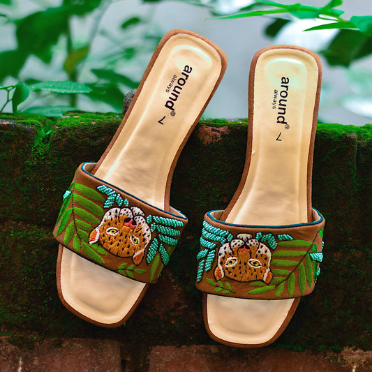Tan sliders with leopard embroidery for casual wear