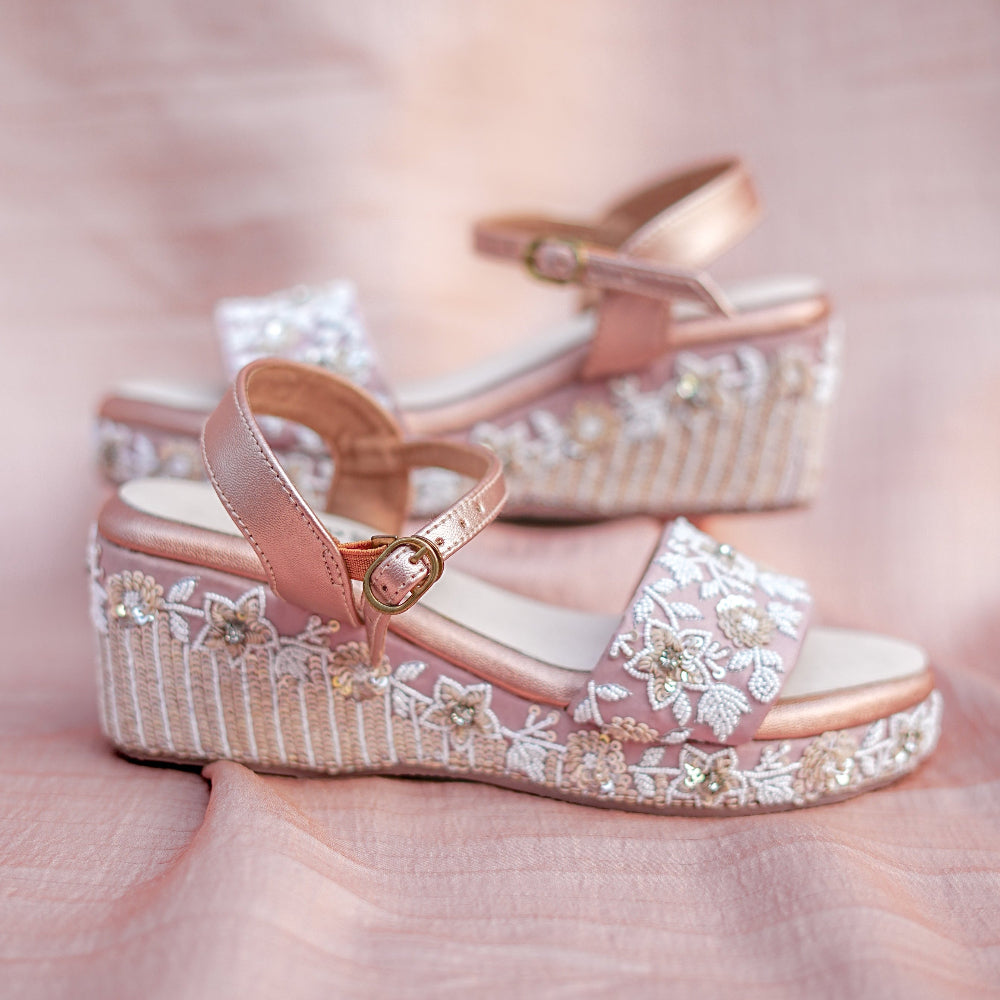 Pink and white shimmery platform heels for light ethnic wear from India
