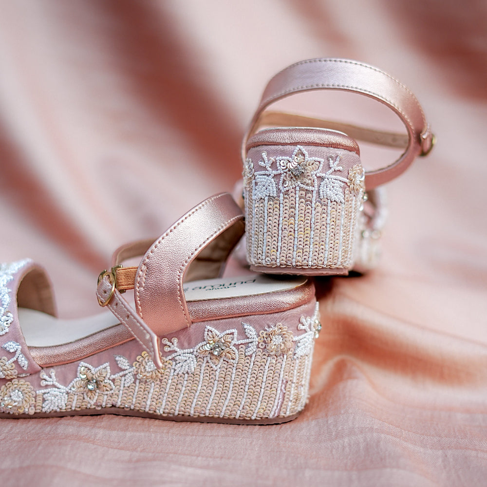 Pastel sequins embellished wedding heels with ankle strap and thin straps