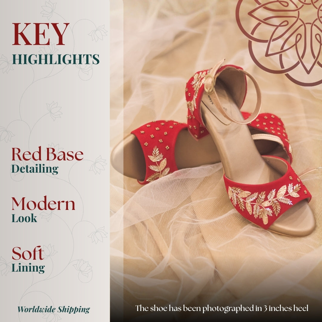 Ethnic red footwear with handcrafted embroidery and cushioned base