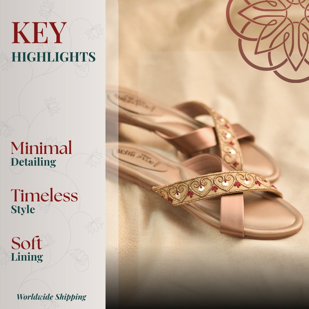 Rose gold flat sandals with embroidered strap, soft lining