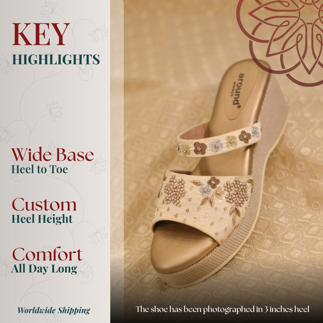 golden wedges with floral pattern 