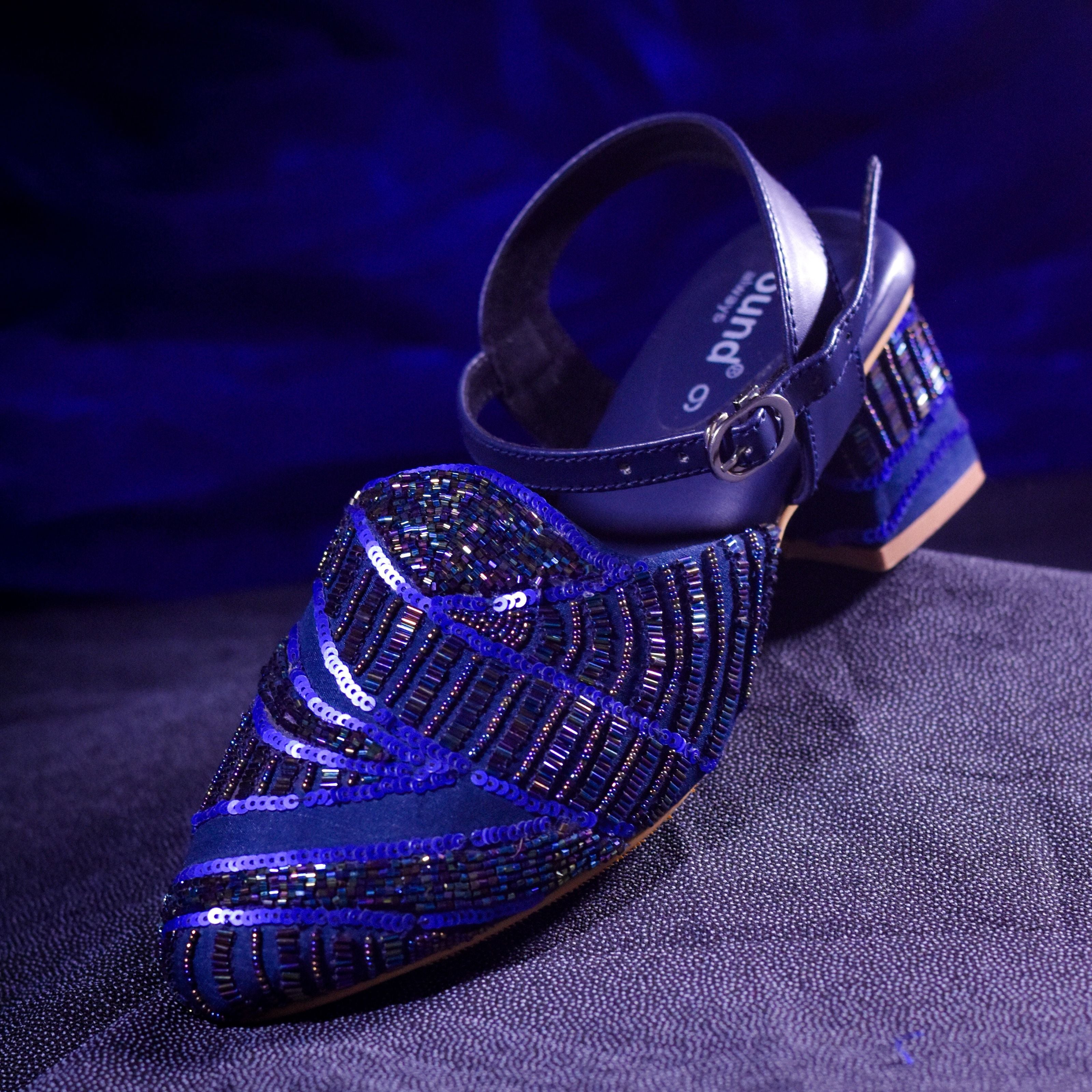 Deep blue mules with bead work and shimmering sequin detailing