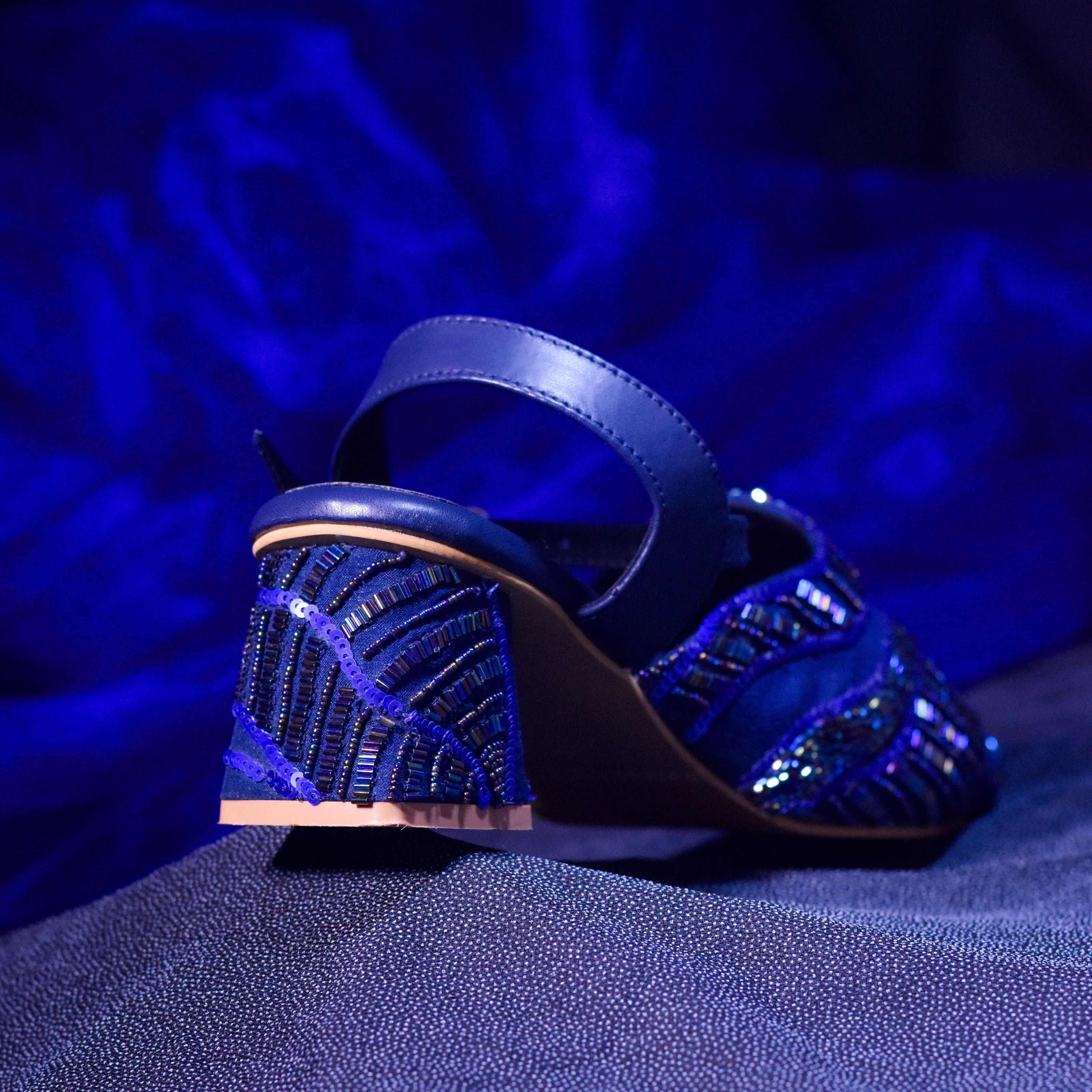 Blue sangeet mules for women with flared heel and secure back strap support