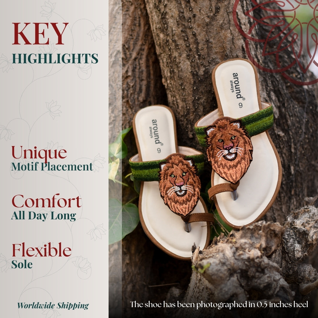 casual kolhapuri sandals with bold lion face embroidery