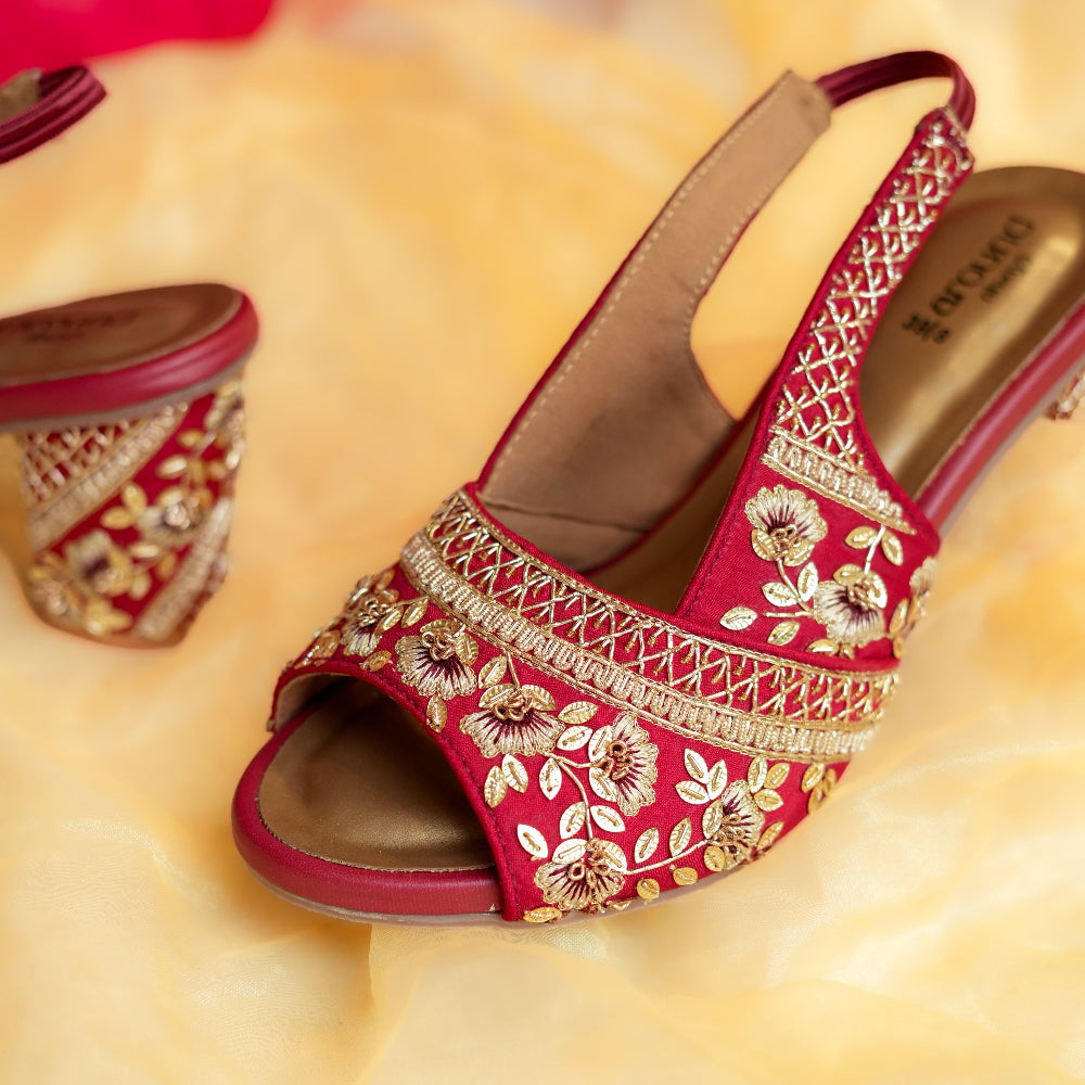 Red embroidered slingback heels featuring floral patterns and lightweight block heel