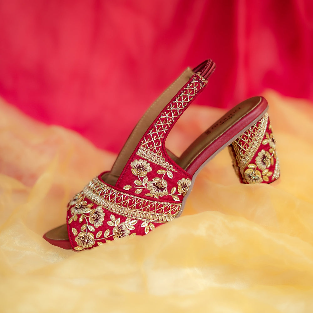 Bridal block heels with intricate floral embroidery and embroidered heel detailing
