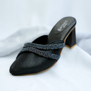 Black embellished mule with beaded straps
