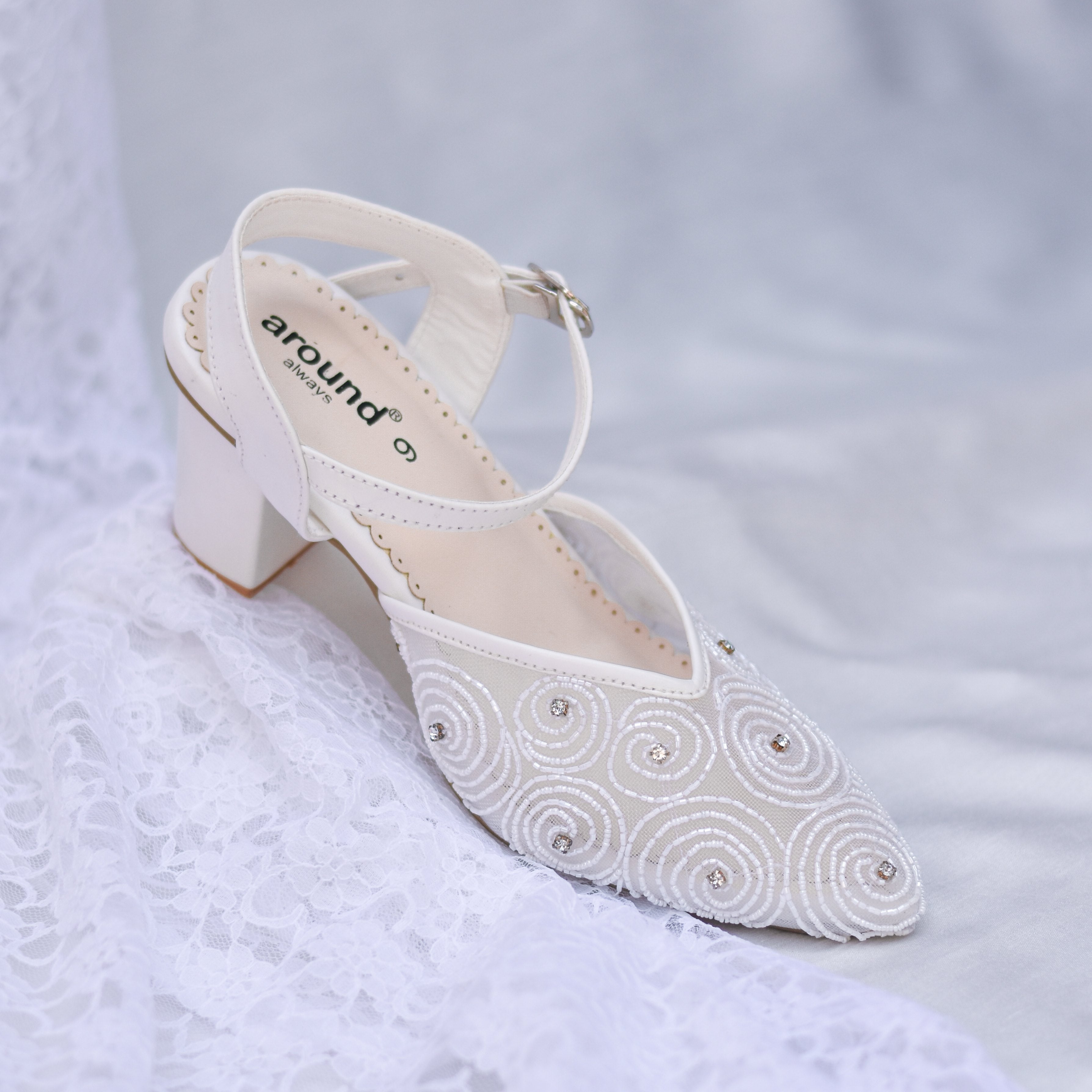 Mesh embroidered block heels for brides