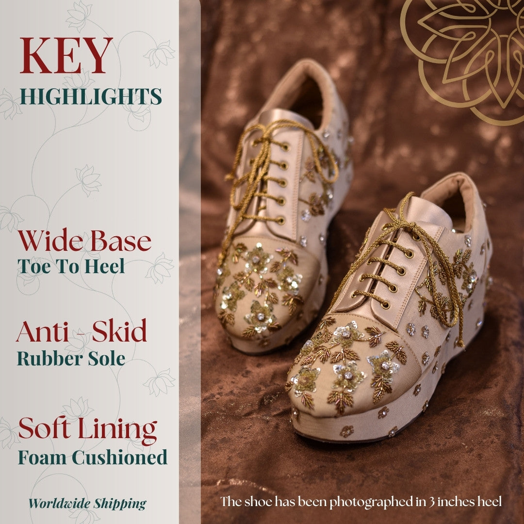 Golden trendy sneakers with sequins embellishment and lace up design for shaadi