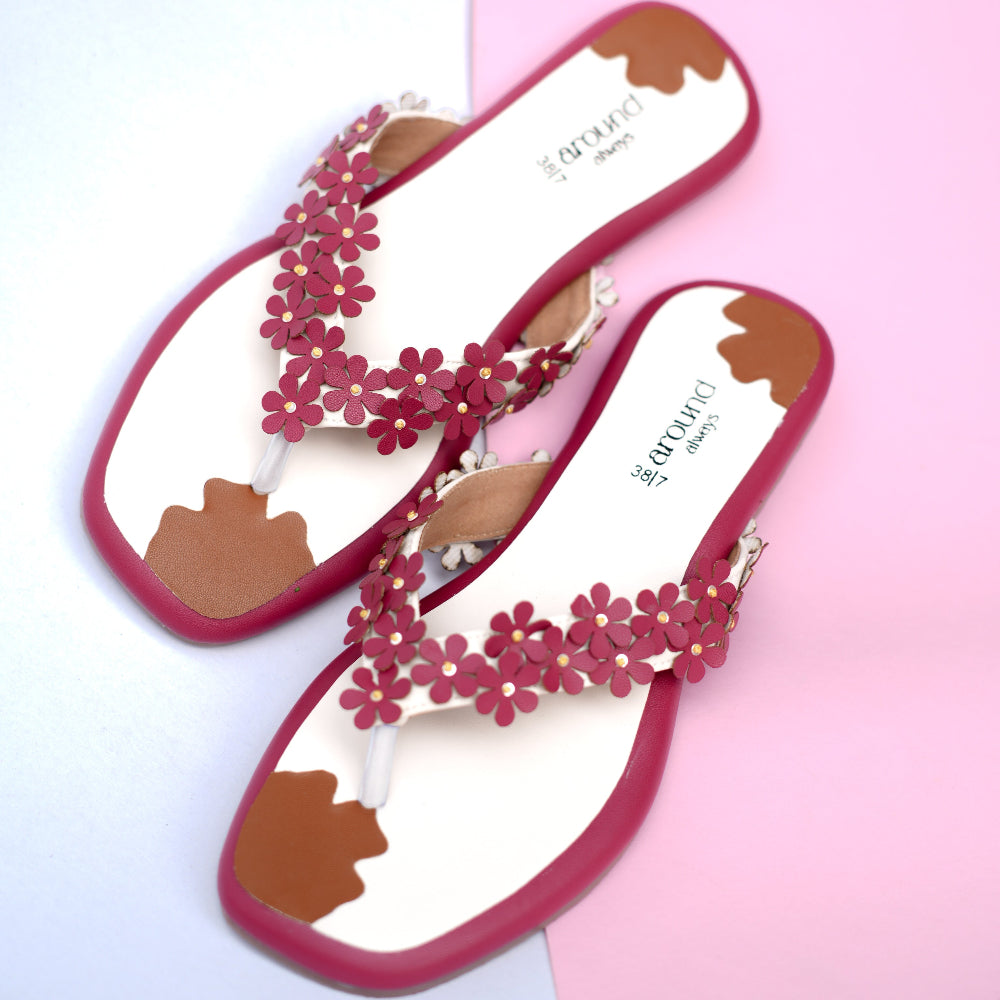 Berry pink floral flat sandals for women
