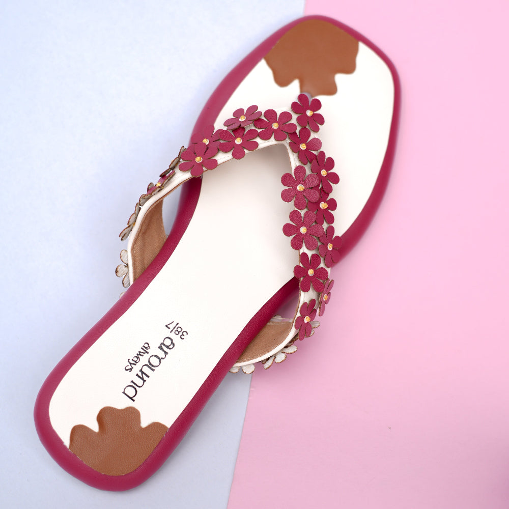 Ivory flat sandals with berry floral straps
