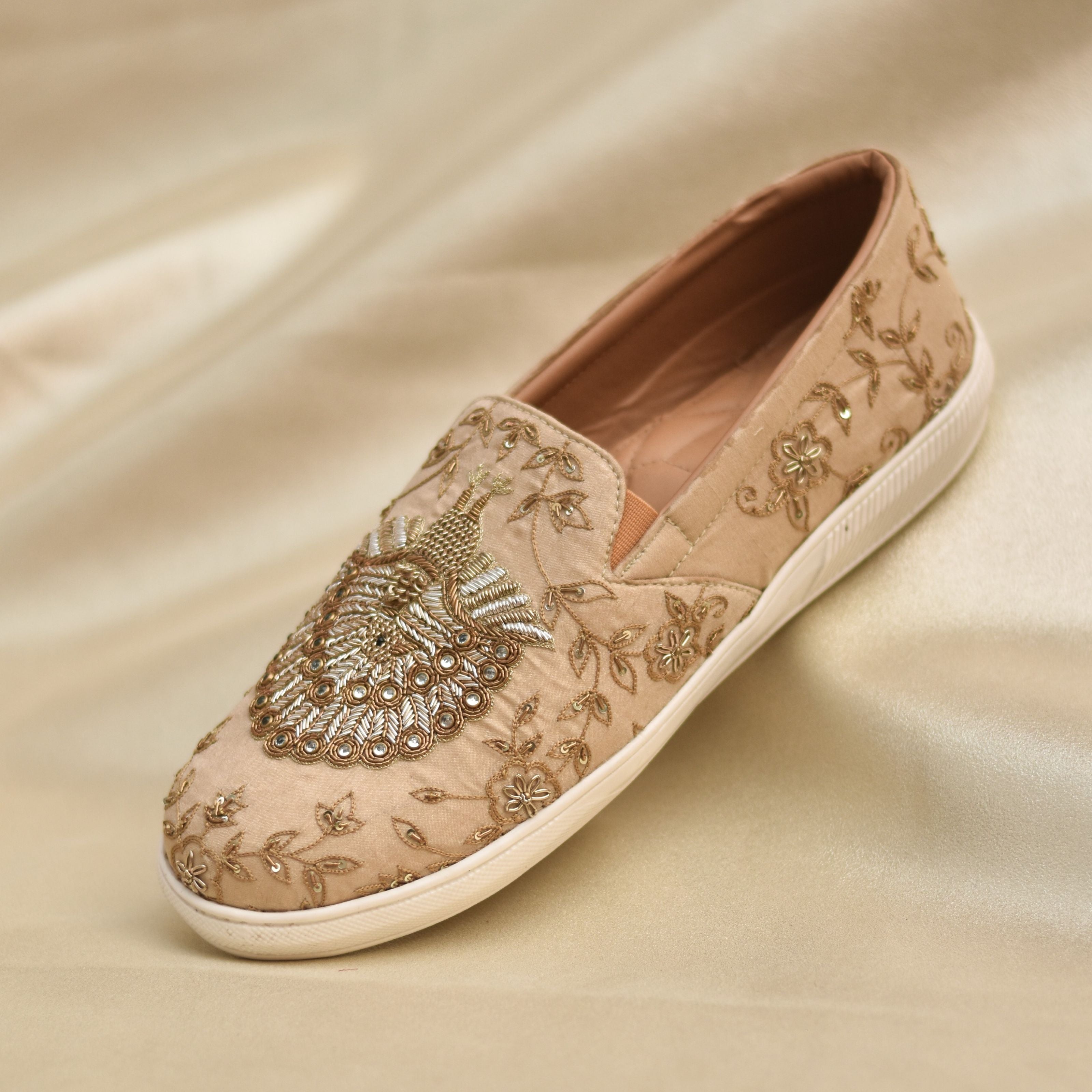 Tan velvet wedding shoes for grooms featuring metallic bird motif and floral motifs.