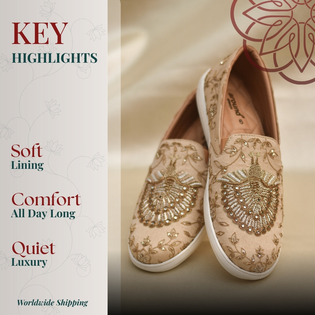 Light Beige ethnic slip ons with detailed threadwork