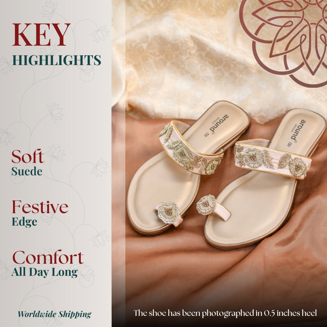 Pair of sandals with zari work, decorative straps, lightweight sole for all day festive comfort