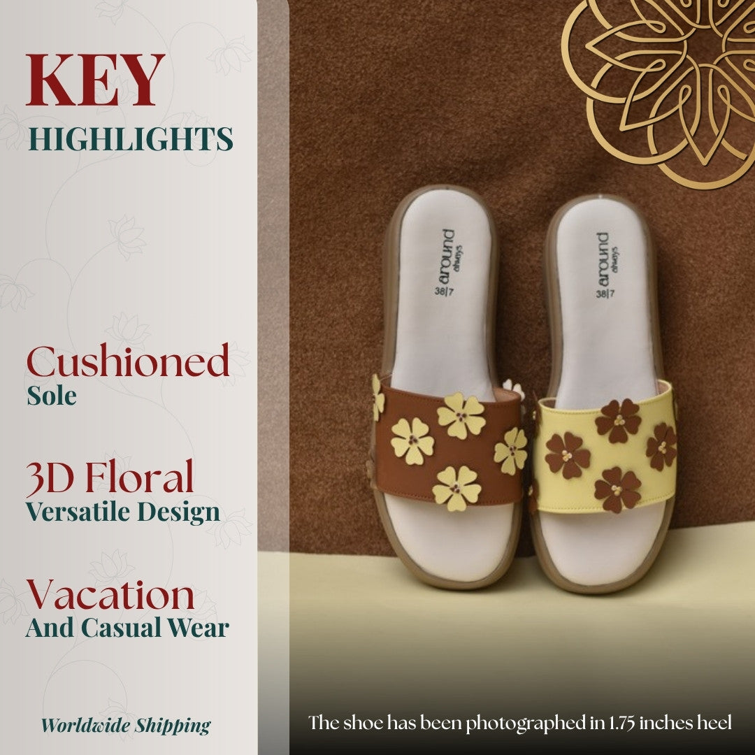 Sunpetal Sliders key highlights: cushioned sole, versatile 3D floral design for vacation and casual wear, shown in a 1.75 inch heel