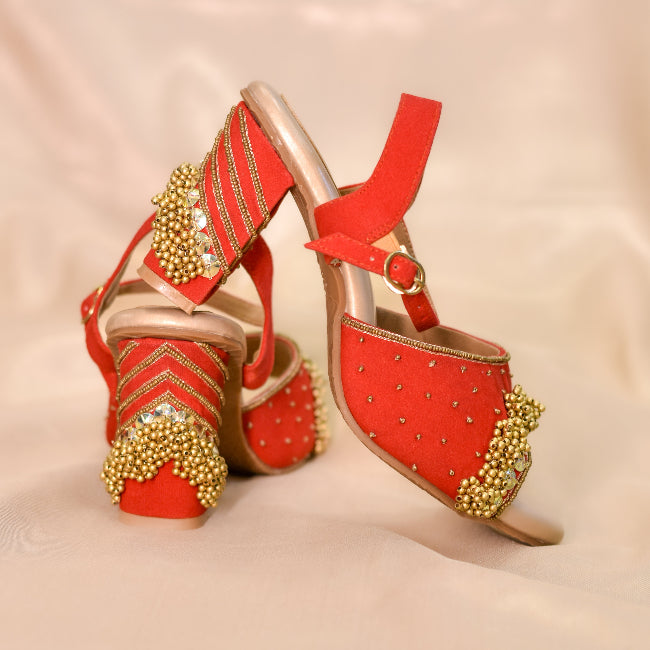 Bridal footwear in red with embellished toe strap and stable block heel