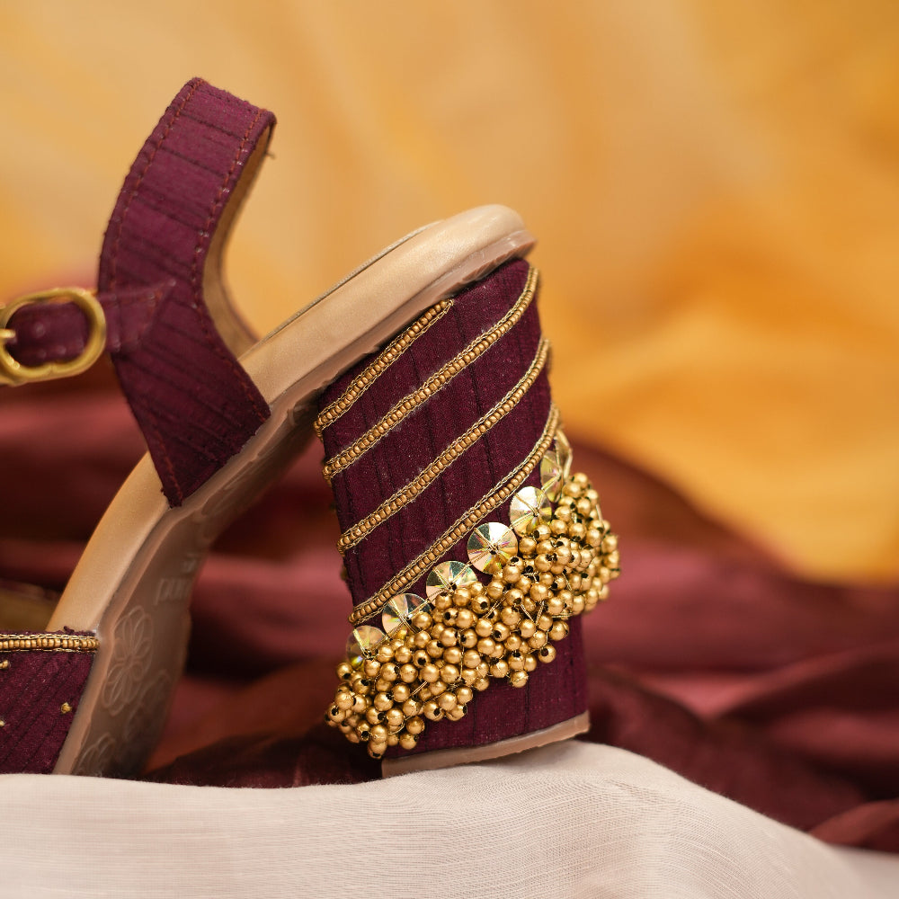 Maroon wedding wedges with gold ankle buckle and detailing
