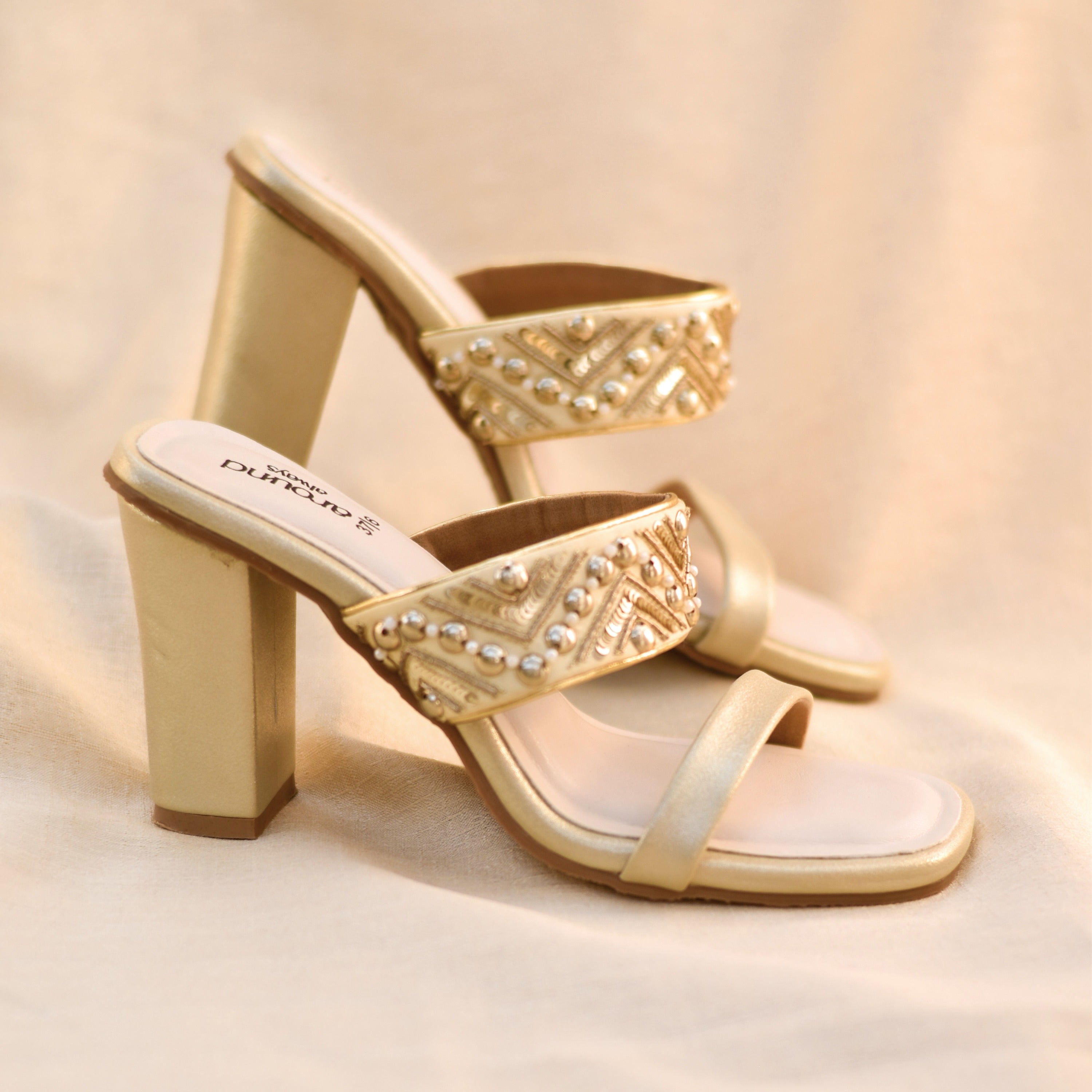 Gold high-heeled sandal with sequins embellishments for Indian ethnic wear