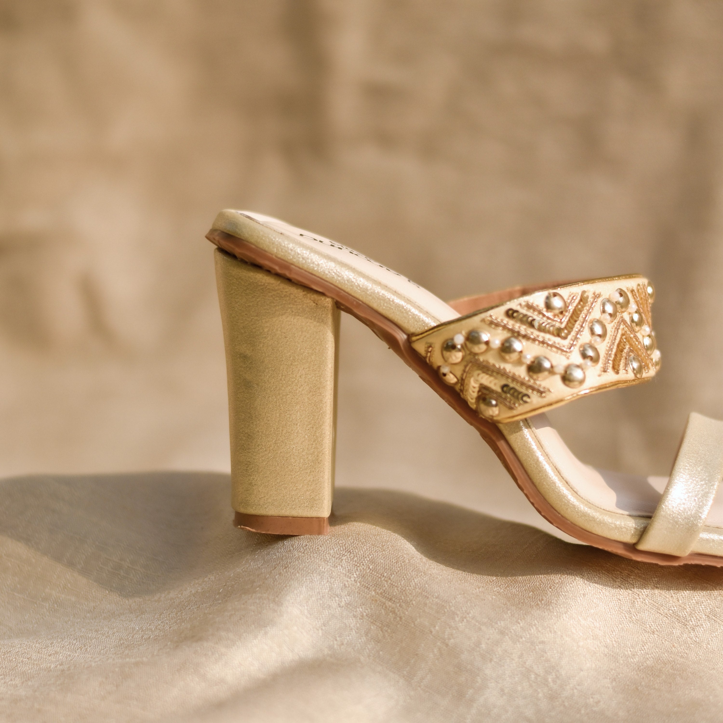 Slip-on style golden block heel sandals for kurti, sarees and lehenga