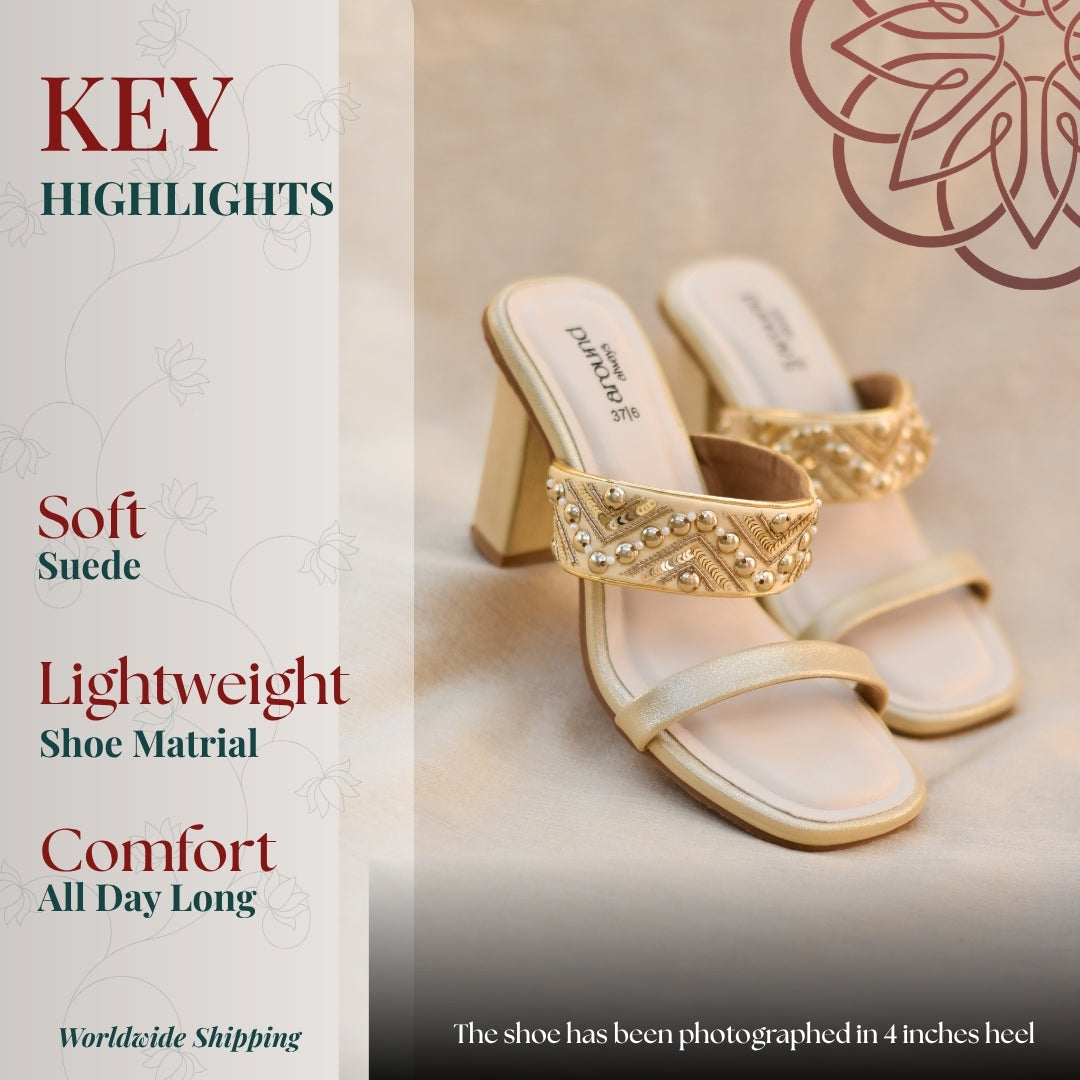 Golden block heel sandals with pearl studded strap and delicate embroidery on a soft neutral backdrop