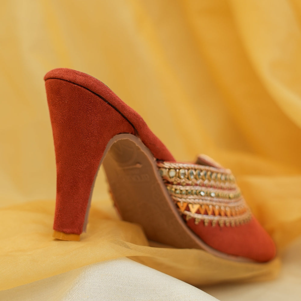 Bridal red block heels with intricate gold detailing
