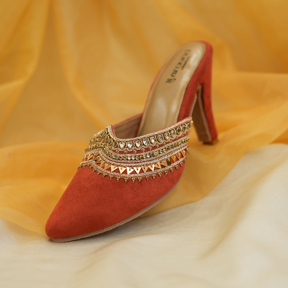 Red slip-on mule with antique gold embroidered detailing
