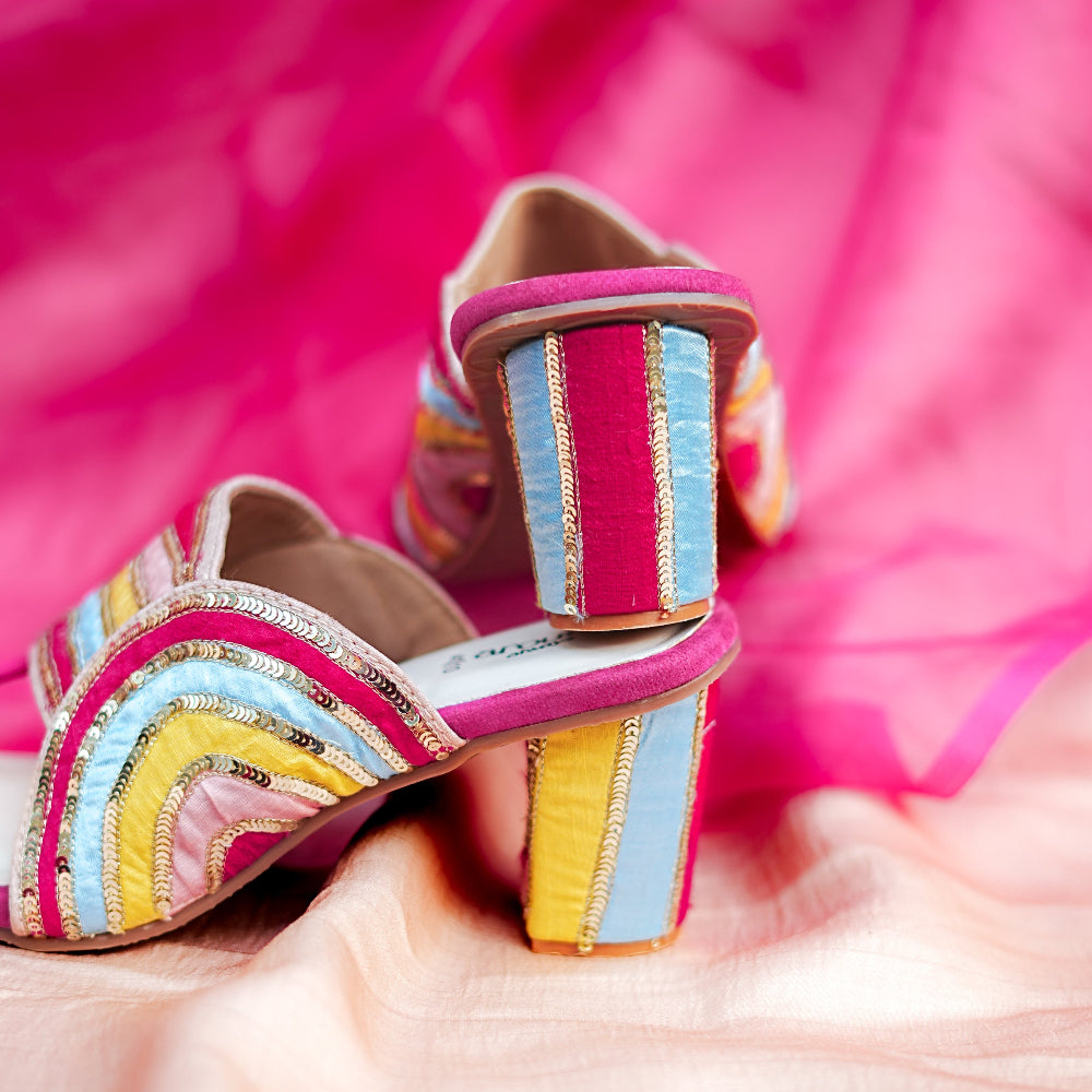 Bright colour heels with pastel wave embroidery and metallic accents on the upper