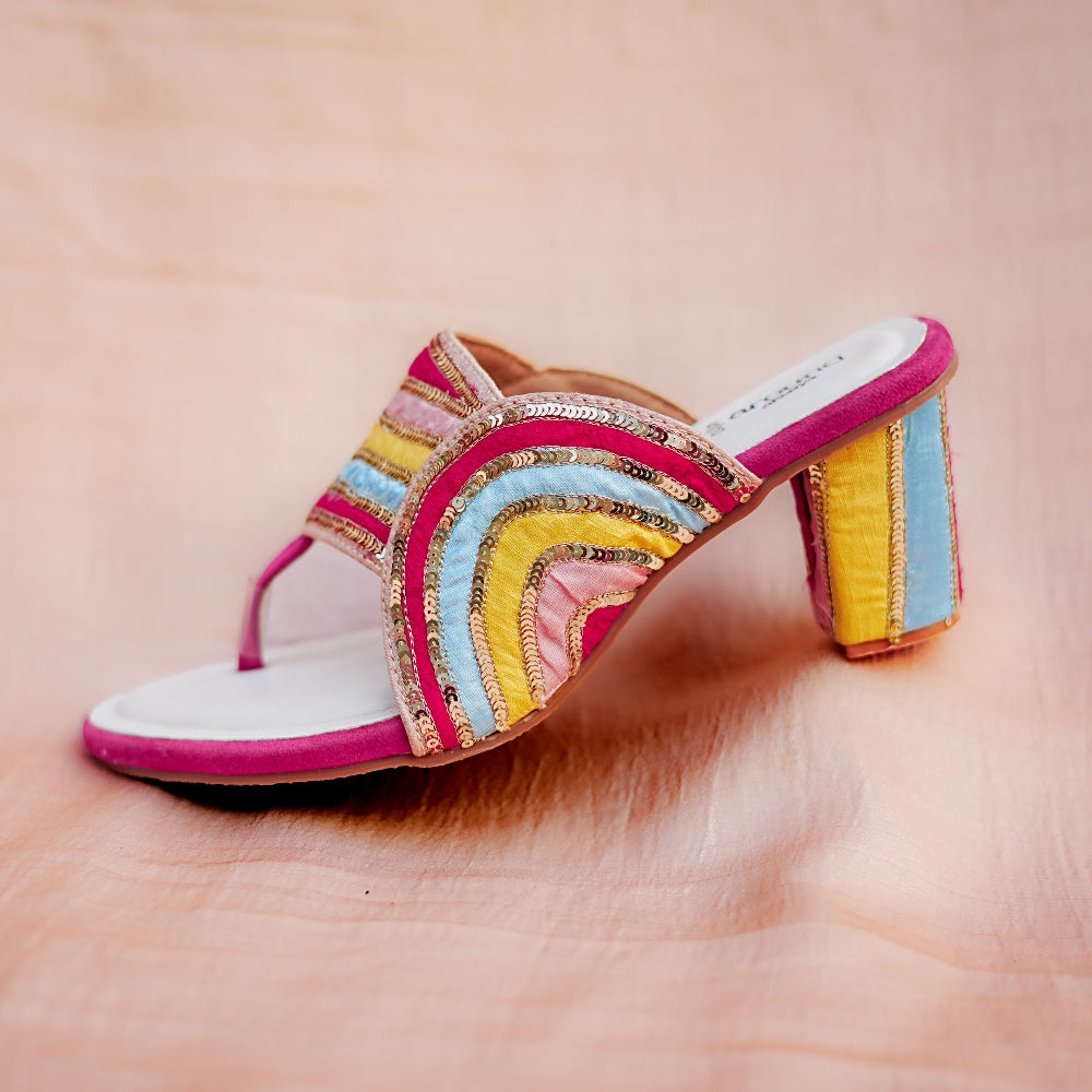 Elegant open toe heels with colorful stitched patterns and glossy sequin embellishments