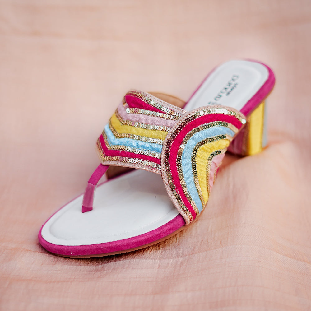 Statement toe post sandals in pink with intricate multicolor embroidery and delicate heel design
