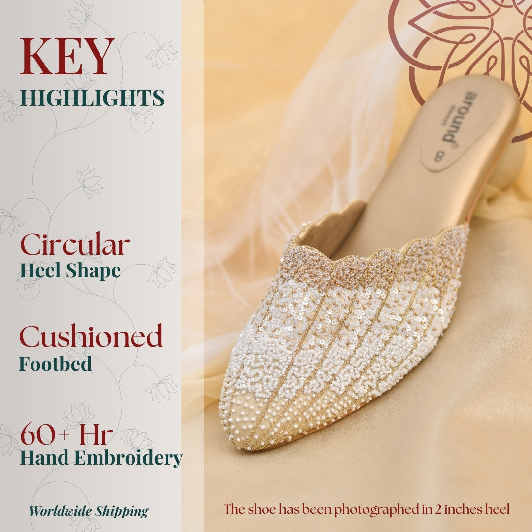 Comfortable wedding mules with ivory golden bead embellishments and unique heels