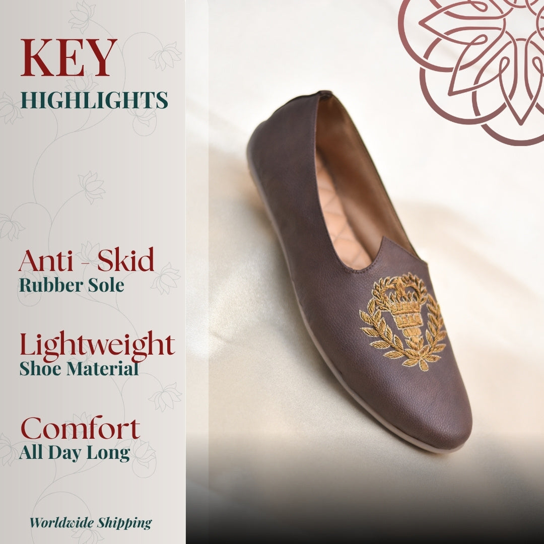 Brown loafer with royal crest zari embroidery detail