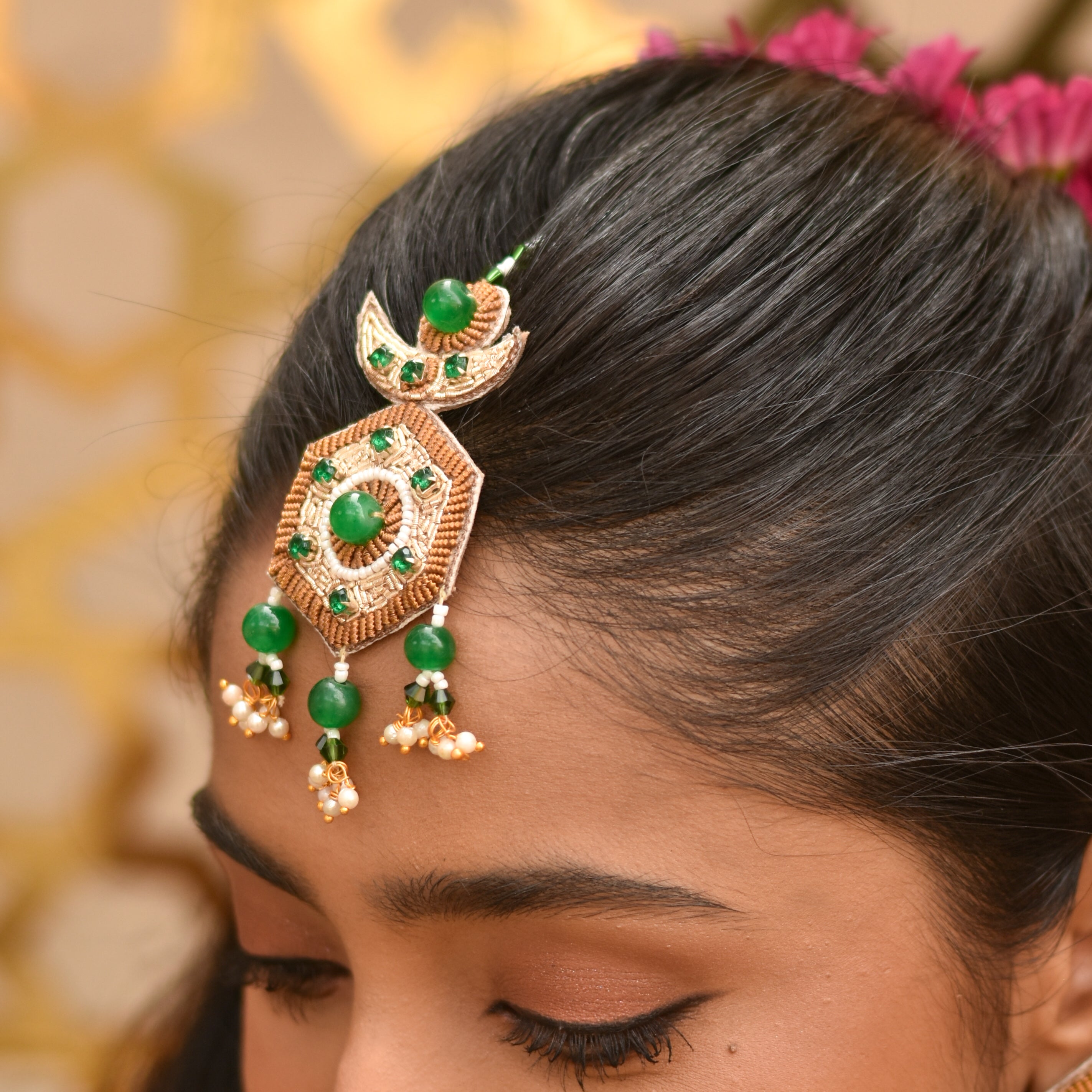 Handmade imitation maangtika for bridal wear during haldi